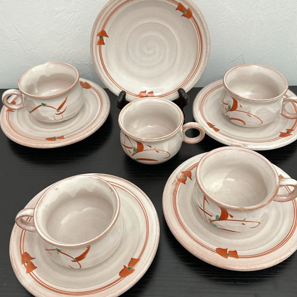 Rare Tachikichi Japanese Pottery Cup & Saucer Set of 5 Vintage In Box